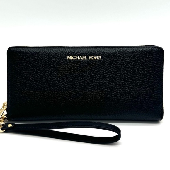 Michael Kors Large Continental Wallet Wristlet Black/Gold - Picture 1 of 10